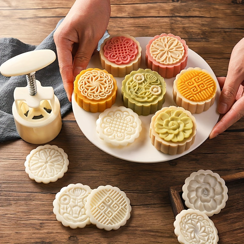 A Set of Flower-Printed Mooncake Molds with 6 Stamps, Manual Pressing Cookie Stamps, Mooncake Maker, Mid-Autumn Festival Baking Tools, Kitchen, Cookie Stamps For Baking