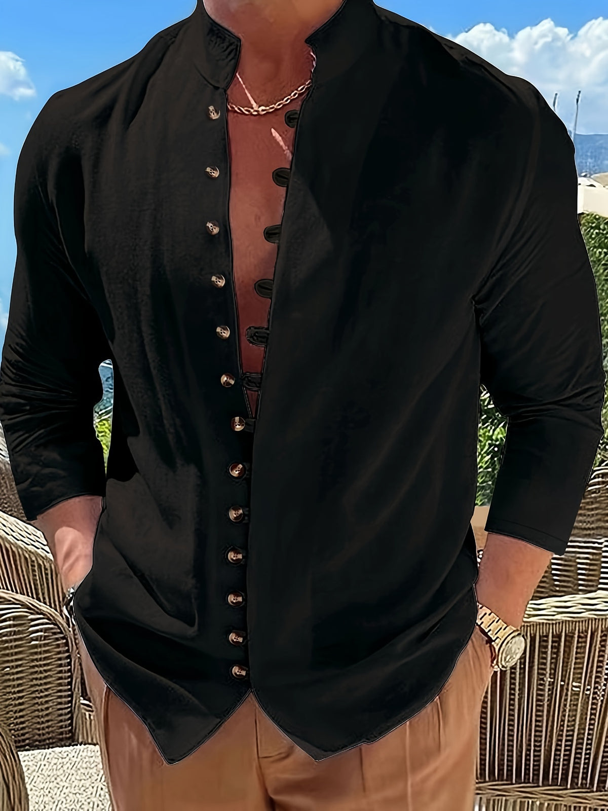 Retro Style Men's Casual Solid Long Sleeve Shirt, Men's Clothes For Spring Summer Autumn, Tops For Men