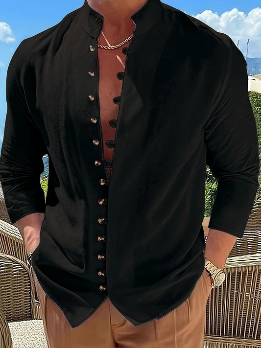 Retro Style Men's Casual Solid Long Sleeve Shirt, Men's Clothes For Spring Summer Autumn, Tops For Men
