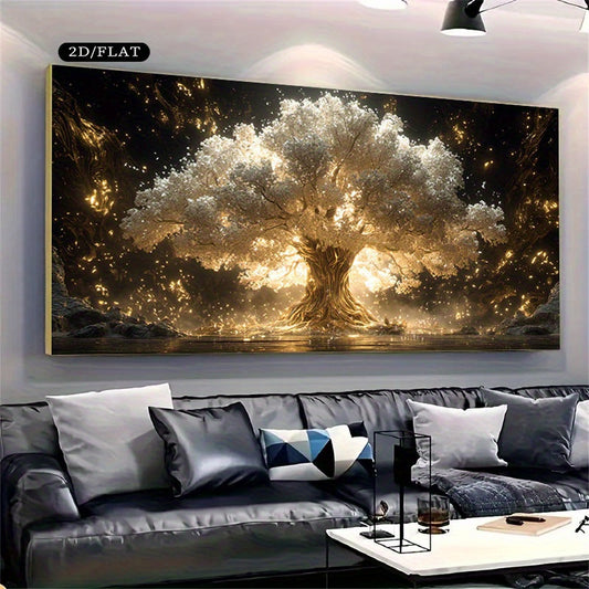 1pc Extra Large Modern Canvas Wall Art - Glowing Tree with Golden Branches & Shimmering Leaves, Dark Background - Frameless Poster for Living Room, Bedroom, Office Decor - Home Decoration Gift Idea - Available in Imperial/ Metric Dimensions (27.5x55.1in