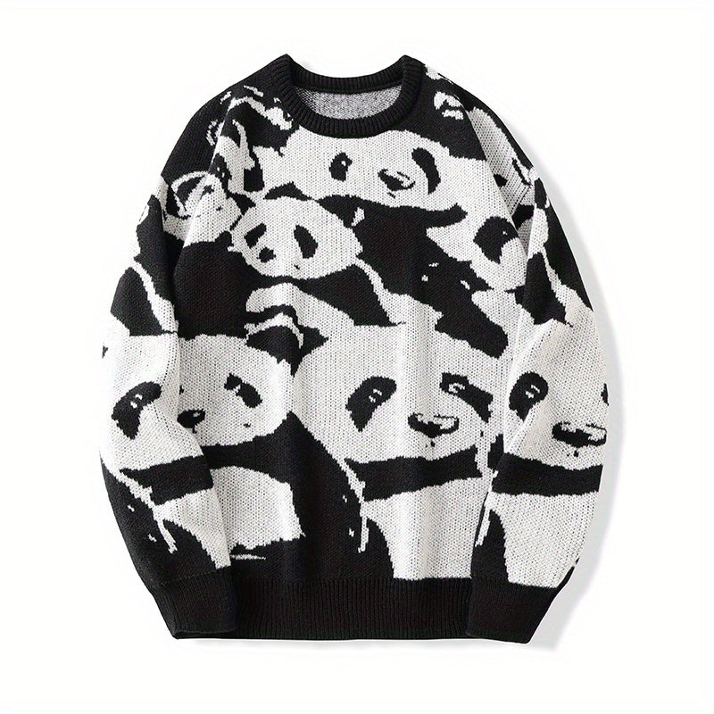 Cozy Panda Crew Neck Sweater - Novelty Cartoon Knit Pullover for Men - Warm, Slightly Stretchy, Casual Fall Winter Wear with Fun Panda Pattern