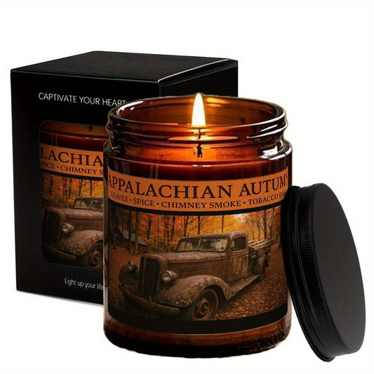 1pc Appalachian Autumn Leaves Scented Candle - Spice-Chilly Smoke Scent, Rustic Fall Decor with Vintage Truck Design, Perfect for Thanksgiving, Housewarming, or Holiday Gifts, Cozy Cabin Theme, Glass Jar Candle, Holiday Gift Candle | Rustic Fall Decor |