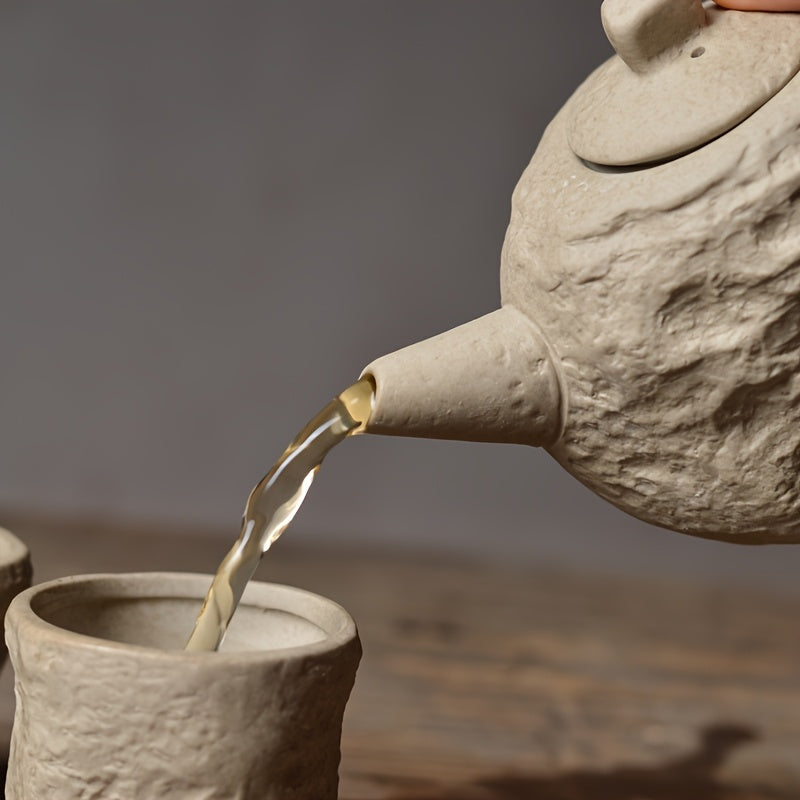 Ceramic Teapot and 2-Cup Set - Handmade Natural Clay Tea Set with Lava-like Texture, Beige/Brown Rustic Modern Design, Heat- Durable Ceramic Tea Pot & Cups for Hot Beverages, Ideal for Home Decor, Tea Lovers Gift, -Inspired Aesthetic, Functional & Decora