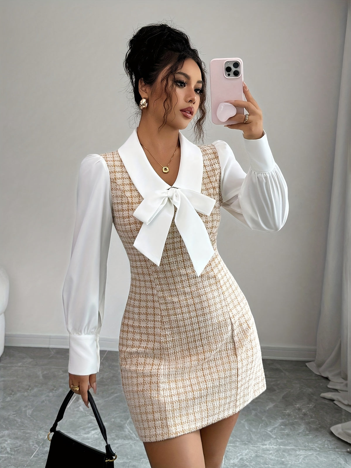 Women's Elegant White Collar Bow Dress - Short Sleeve A-Line with Collar & Waist Tie Belt, Beige & White Contrast Short Sleeve Dress for Office, Semi-Formal Events, Spring/Fall (Machine Washable)