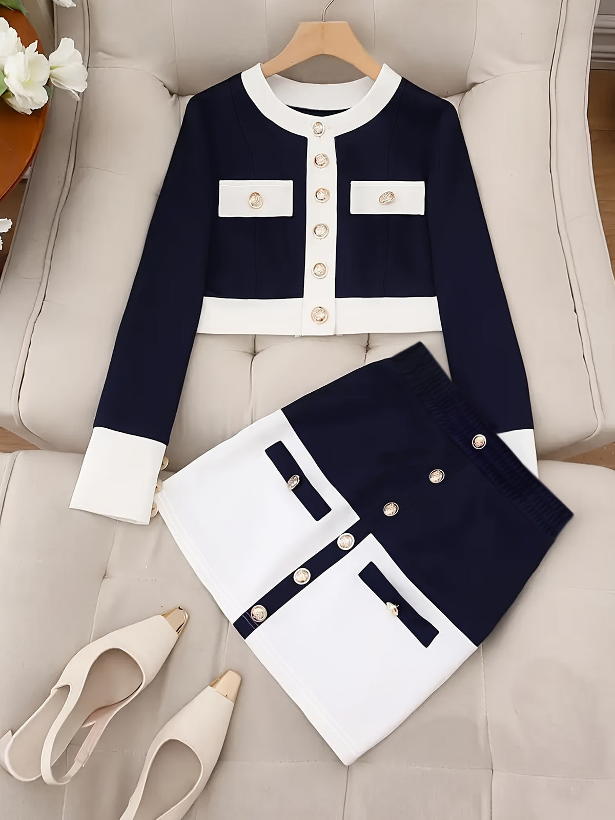 Spring/Summer Sexy Elegant Navy Style Metal Decor Two-Piece Set, High-Waisted Split Skirt with Halter Neck Top