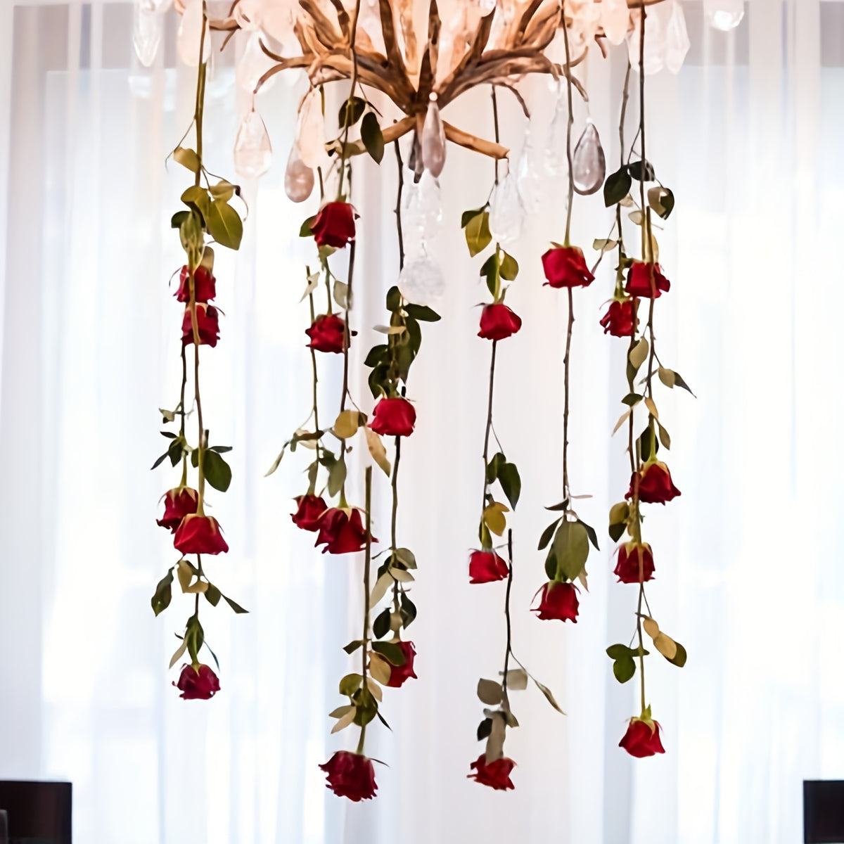 5pcs Romantic Red Rose Hanging Floral Decorations with 200cm Ribbon Roll, Polyester Wedding Archway and Ceiling Decor for Bridal Shower, Valentine'S Day Party Tabletop Decoration, Princess Theme