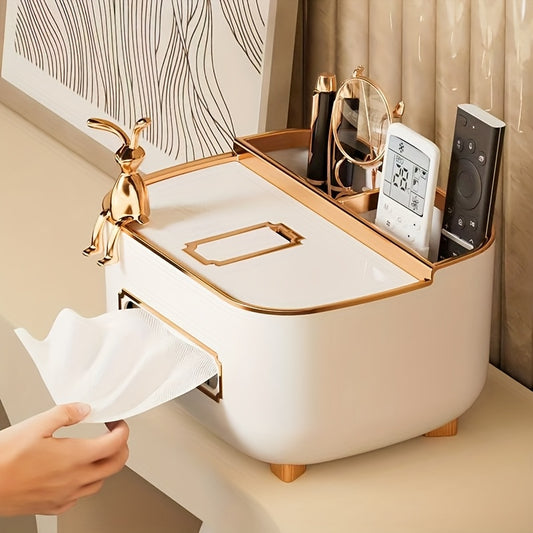 Elegant Golden-Tone Remote Control Tissue Box Holder - Square Plastic Napkin Dispenser for Living Room Coffee Table, Durable Dual-Use Storage Organizer, Modern Home Decor, Tissue Dispenser, Decorative Metal Accents, Smooth Finish