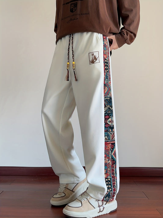 Men'S Fashionable Casual Sports Straight-Leg Pants Featuring Ethnic Style Patchwork, Embroidery Craftsmanship, And an Elastic Drawstring Waist, Perfect for Everyday Wear in Autumn And Winter