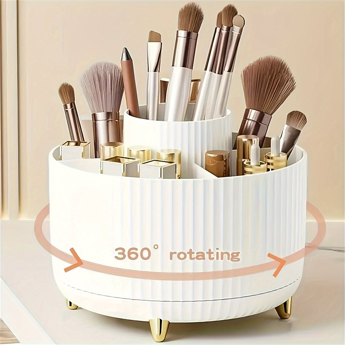 1pc ABERZEY 360° Rotating Makeup Organizer - 5-Compartment Durable Plastic Cosmetic & Desk Storage with Luxury Stripe Design, Freestanding No-Power Rotating Caddy for Brushes, Lipsticks, Skincare, Stationery, Makeup Brush Holder, Sleek Modern Look, Goldt