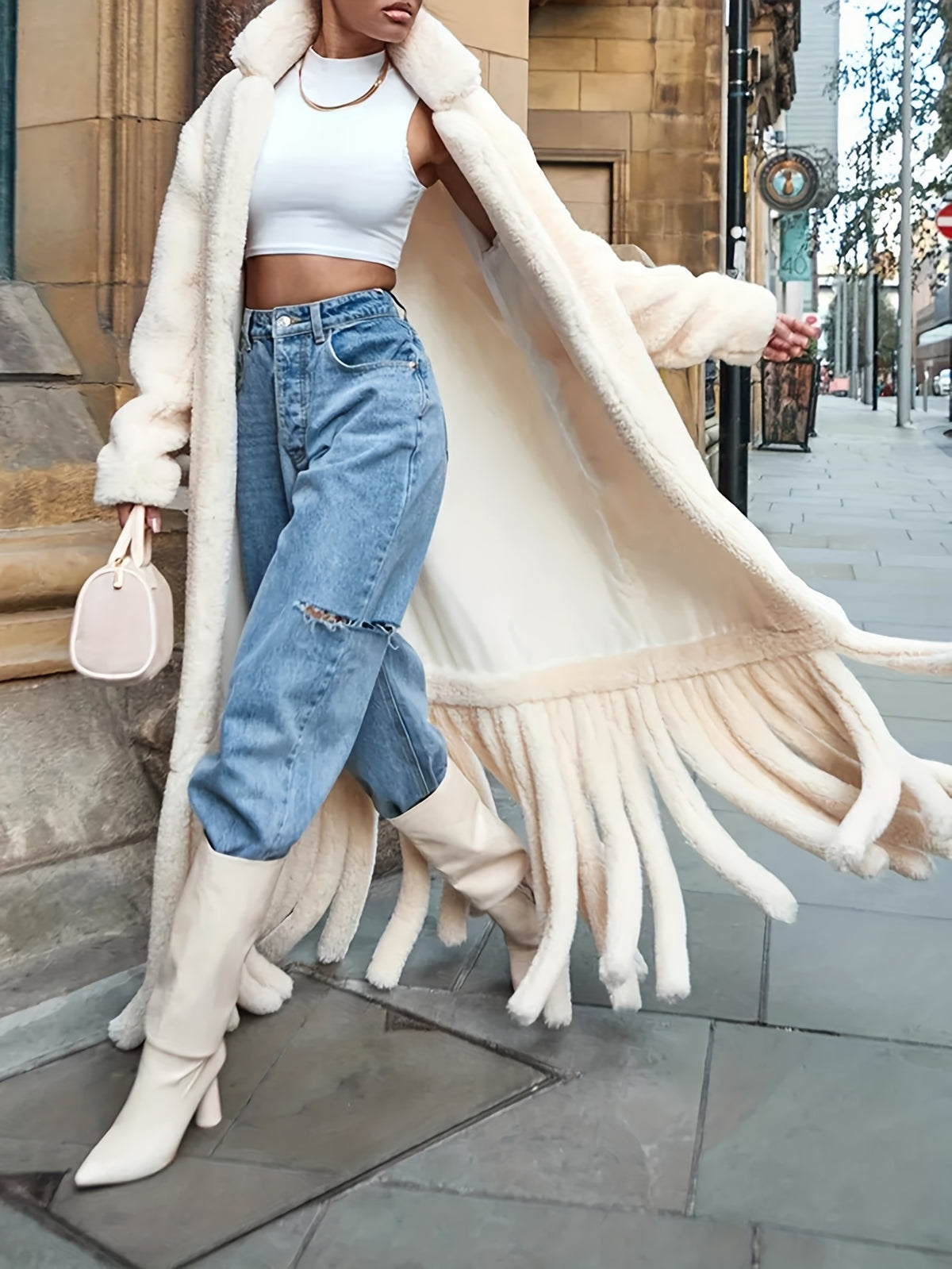 Women'S Elegant Winter Coat - Long Sleeve Tassel Hem, Non-Stretchy H-Line Silhouette, Chic Outerwear for Fall/Winter, Office, Party, Fashionconscious Women, Highquality Material, Fashion Lovers, Stylish Jacket, Durable Construction
