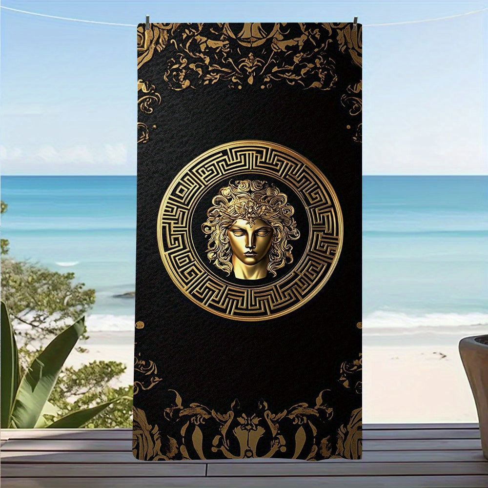 1pc Extra Soft Quick-Absorbent Luxury Greek Medusa Beach Towel - Large Quick-Dry Bath Towel (29.5x59 Inches/74x150cm), Elegant Black & Golden Greek Mythology design with Medusa for Pool, Travel, Spa - Perfect Luxury Gift for Women & Men, Poolside Accesso