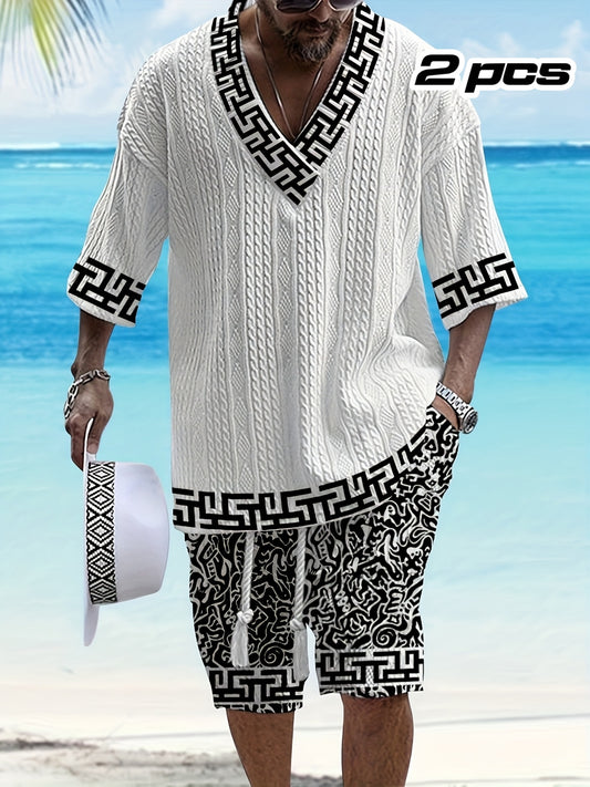 Men's casual vacation style set, white diamond patterned V-neck mid sleeved top paired with black and white geometric printed shorts