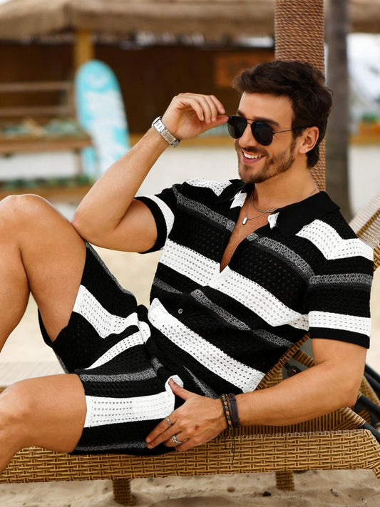 Hollow Out Sweater Men'S Spring Summer Thin Loose Casual Vacation Style Beach Versatile Reversible Set, Knit
