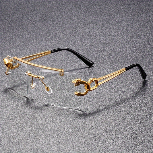 Cheetah 1/2 Pair of Men's Fashion Glasses, Metal Zinc Alloy Material, Rimless Cutting Edge Double Beam Design, Square Fashion Glasses, Suitable for Holiday Driving Gifts