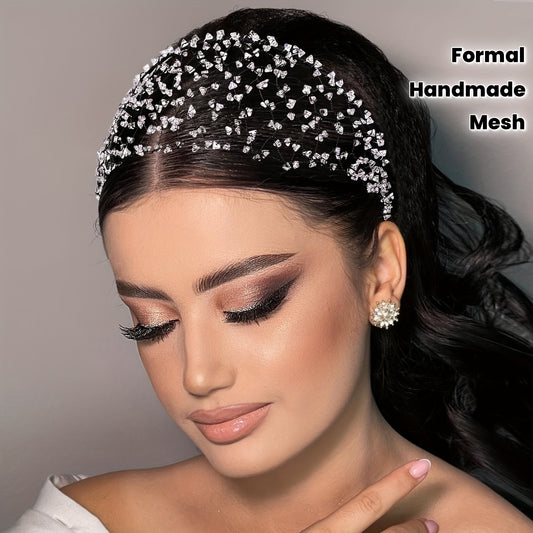 Elegant Handmade Crystal Beaded Headband – Wide Mesh Hair Accessory with Sparkling Imitation Crystals, Perfect for Weddings, Formal Events, and Special Occasions, Hair Jewelry
