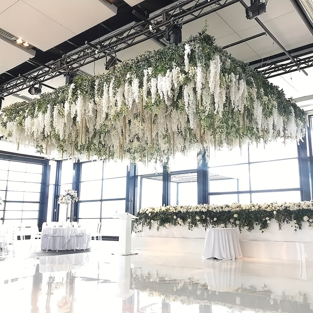12-Pack Artificial White Wisteria Hanging Flowers, Outdoor Faux Greenery for Weddings, Parties, Hotels, Birthdays, Festive Decorations, Garden Wall and DIY Table Arrangements - Perfect for Summer & Autumn Thanksgiving Romantic Wedding Season with Leaves,