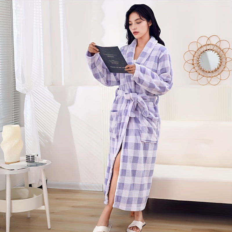 1pc Plaid Bathrobe - Ultra-Soft Quick-Dry Microfiber, Thick & Absorbent, Modern Checkered Design, Machine Washable, Unisex Home & Spa Robe for Men & Women, Bathrobe, Quickdry Robe, Checkered Pattern, Plush Texture, Wash Cloths, Bathrobe Women