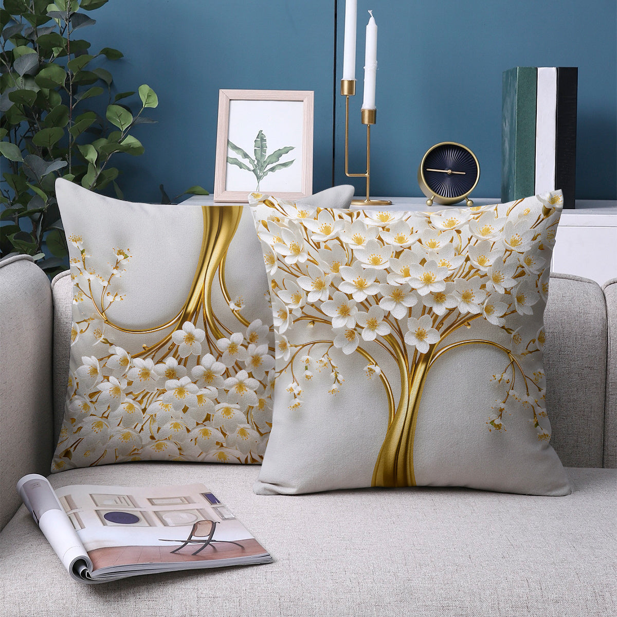 2pcs Elegant Golden Tree Design Throw Pillow Covers, 45.72x45.72 cm, Soft Plush Polyester, Double-Sided Print, Modern Art Style, Zipper Closure, Machine Washable for Living Room & Bedroom Decor - No Insert Included, Decorative Pillows