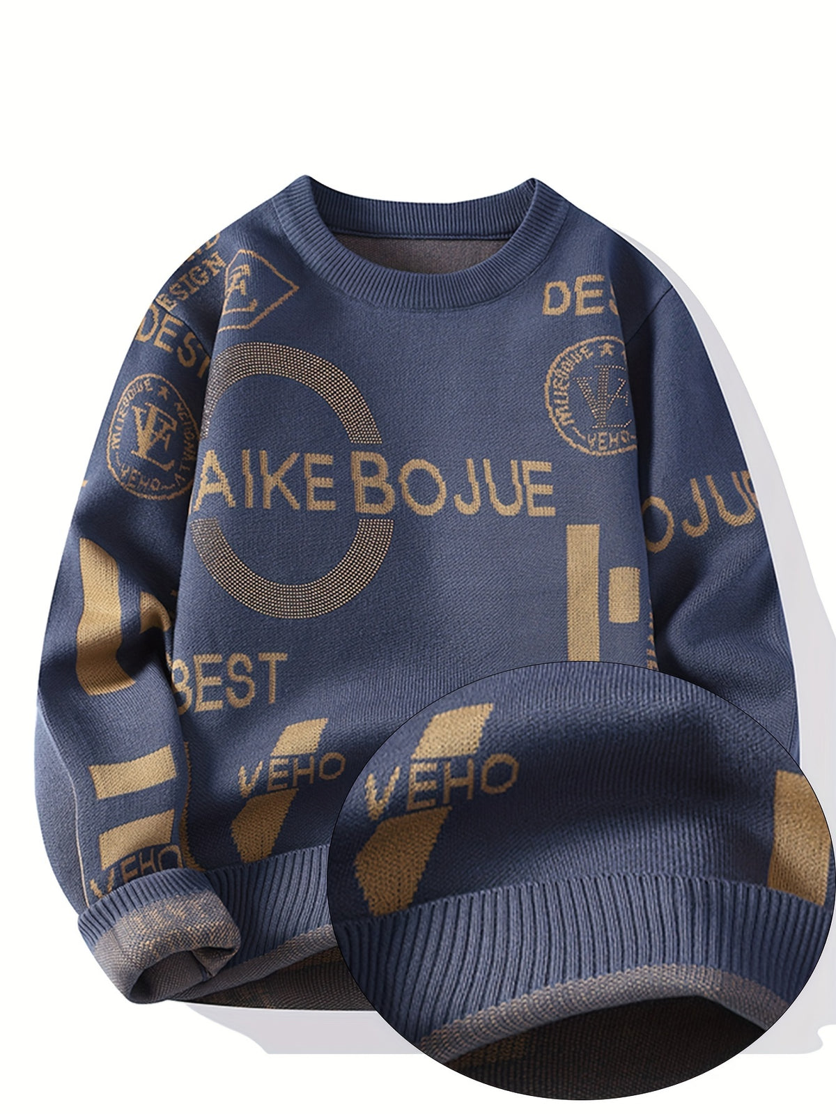 SENMEIGUO Men's Slim Fit Long Sleeve Knit Sweater - Black & Golden Letter Graphic Design, Round Neck Casual Pullover for Autumn Winter, Warm Layering Essential, Sweater for Fall