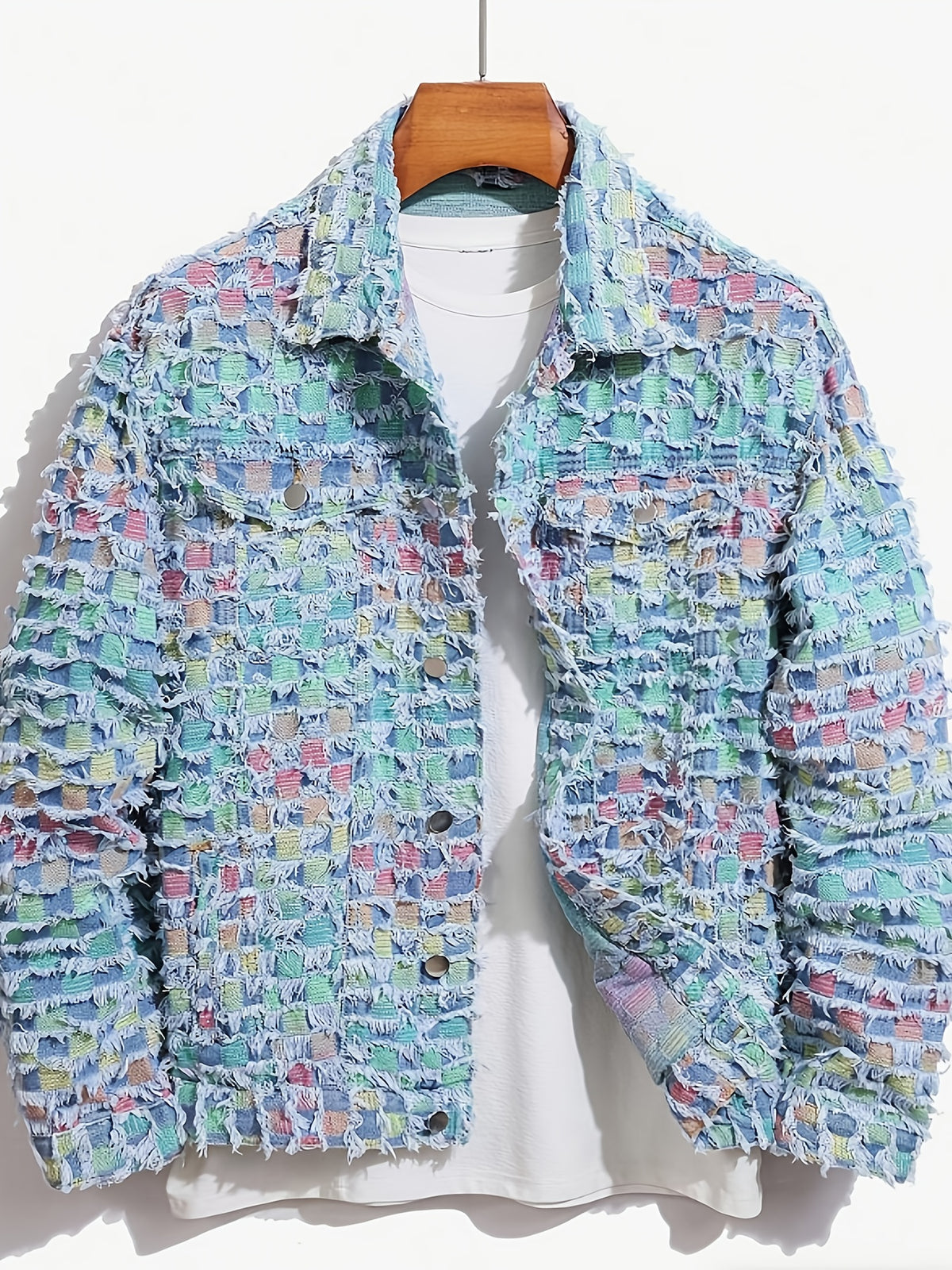 Men's Trendy Plaid Fringe Color-block Denim Jacket