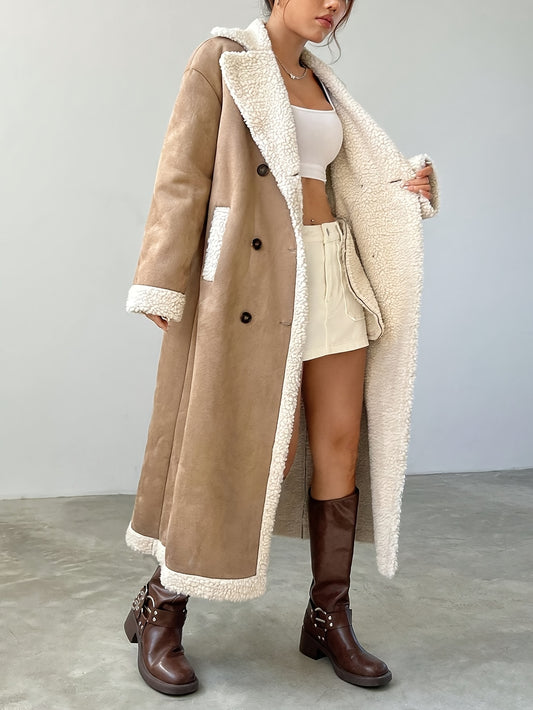 Women'S Long Winter Coat - Elegant Black Outerwear with Double-Breasted Front, Knee-Length Cold Weather Jacket for Everyday & Formal Events, Non-Bulky Warmth, Easy-Care Fall/Winter Clothing, Ladies Winter Coats, Seasonal Fashion, Plush Lining, Office Wea