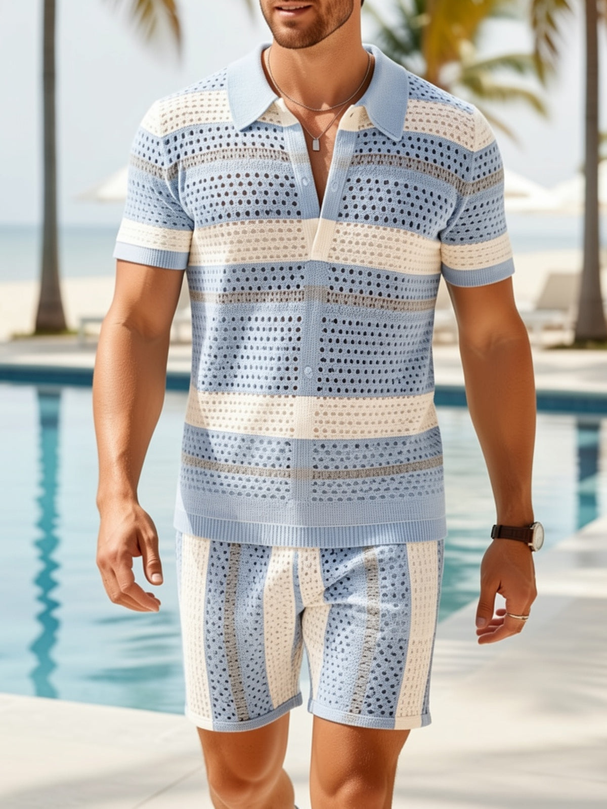 OBM Blue and White Striped Knit Hollow-Out Collar Set, Essential for Beach Vacation and Casual Style, Breathable and Comfortable