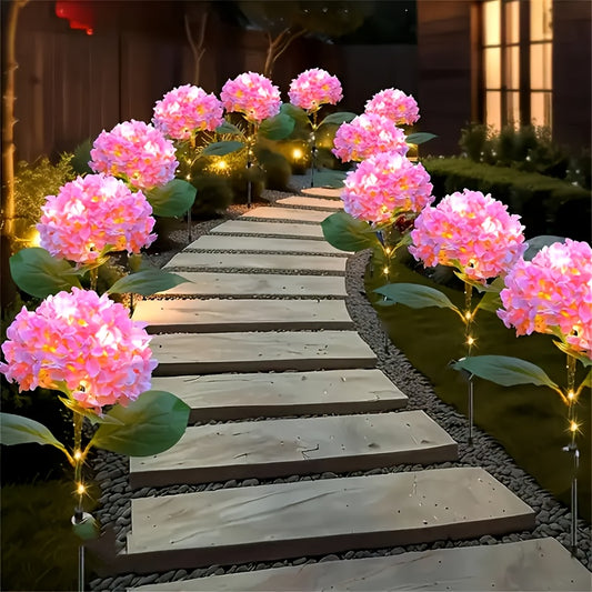 1pc Solar-Powered Large Hydrangea Flower LED Garden Light - 20cm Outdoor Decorative Pathway Lamp with Realistic Pink & White Flowers, Solar Rechargeable Battery, Semi-Flush Mount for Yard, Patio, Lawn, Solar Outdoor Decorations, Patio Lighting, Elegant L