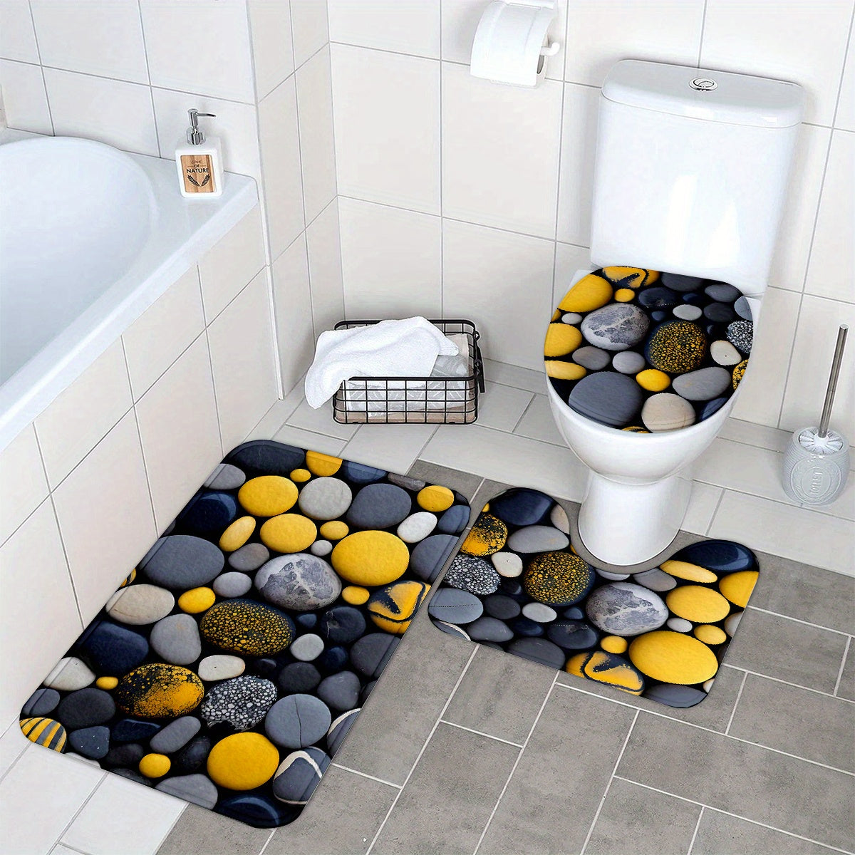 3pcs Pebble Pattern Bathroom Rug Set - Non-Slip, Machine Washable, Woven Polyester Bath Mat with Rubber Backing, Includes Bath Mat, U-Shaped Mat, Toilet Seat Cover, 600gsm, 1.2cm Thick
