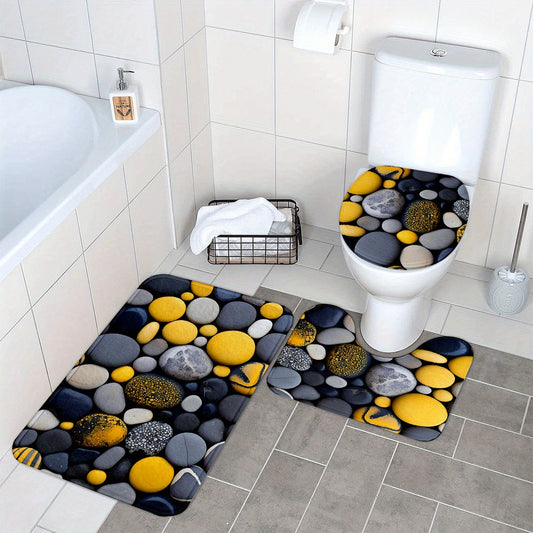 3pcs Pebble Pattern Bathroom Rug Set - Non-Slip, Machine Washable, Woven Polyester Bath Mat with Rubber Backing, Includes Bath Mat, U-Shaped Mat, Toilet Seat Cover, 600gsm, 1.2cm Thick