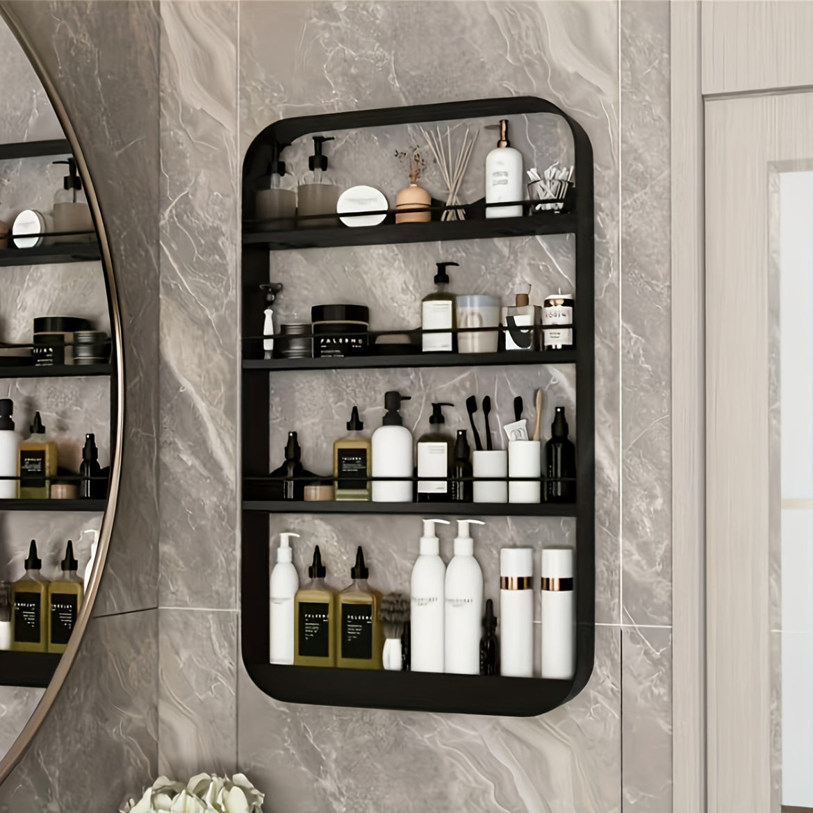 1pc Wall-Mounted Bathroom Storage Rack - Multifunctional Iron Organizer with Hanging Shelves for Cosmetics, Toiletries & Accessories, Space-Saving Modern Design for Bathroom, Kitchen, or Vanity, Bathroom Organizers And Storage, Sleek Metallic Finish, Dur