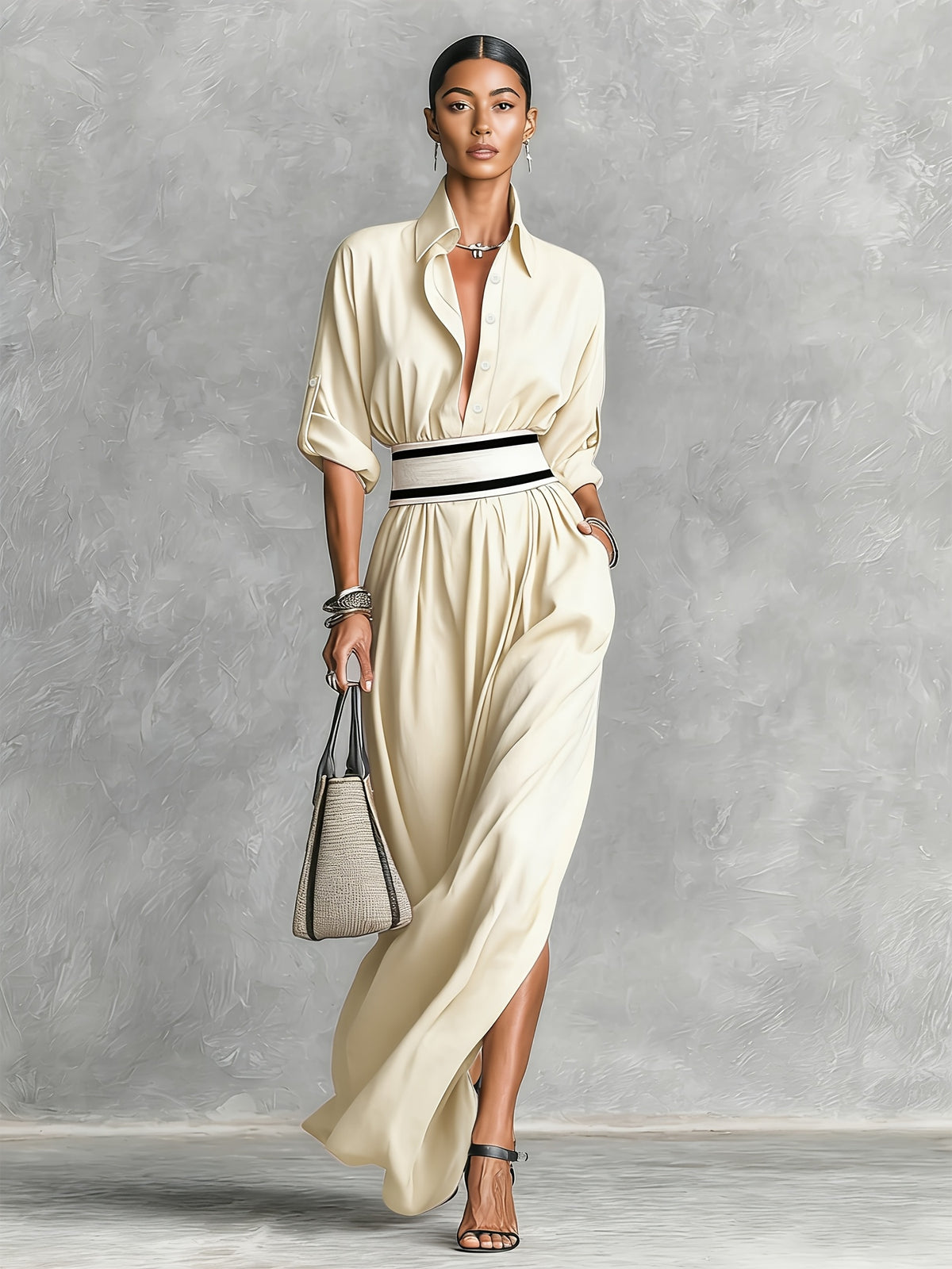French Retro Lapel Single-Breasted Long-Sleeved Dress, Waist Black And White Striped Belt Design, Draped High Slit Long Skirt, Suitable for Office Daily Business Parties Dating And Other Occasions, Light And Mature Feminine Temperament Outfit