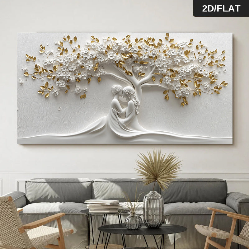 1pc Large Modern Minimalist Frameless White & Golden Tree of Love Couple Embrace Wall Art - 31.49"x62.99" (80x160cm) White & Golden Leaf Pattern Canvas Painting for Living Room, Bedroom - Lovers Under Flowering Tree Poster, No Frame Needed, 2D Flat