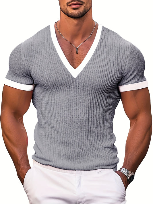 Men's Summer Casual V-Neck Ribbed Henley Shirt - Color-Block Short Sleeve Pullover, Breathable Stretch Fabric, Machine Washable Regular Fit for Casual Attire, Vneck Pullover, Soft Texture Top