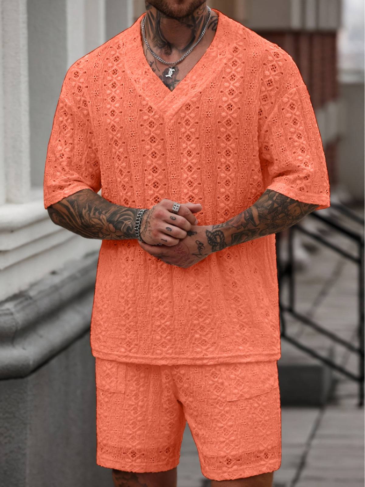 Men'S Knitted Textured Pattern T-Shirt Set Men'S V-Neck Knitted Textured Short-Sleeved Breathable T-Shirt Set Men'S Two-Piece Summer Crochet Two-Piece Set Men'S 2pcs Set Men'S Summer Set