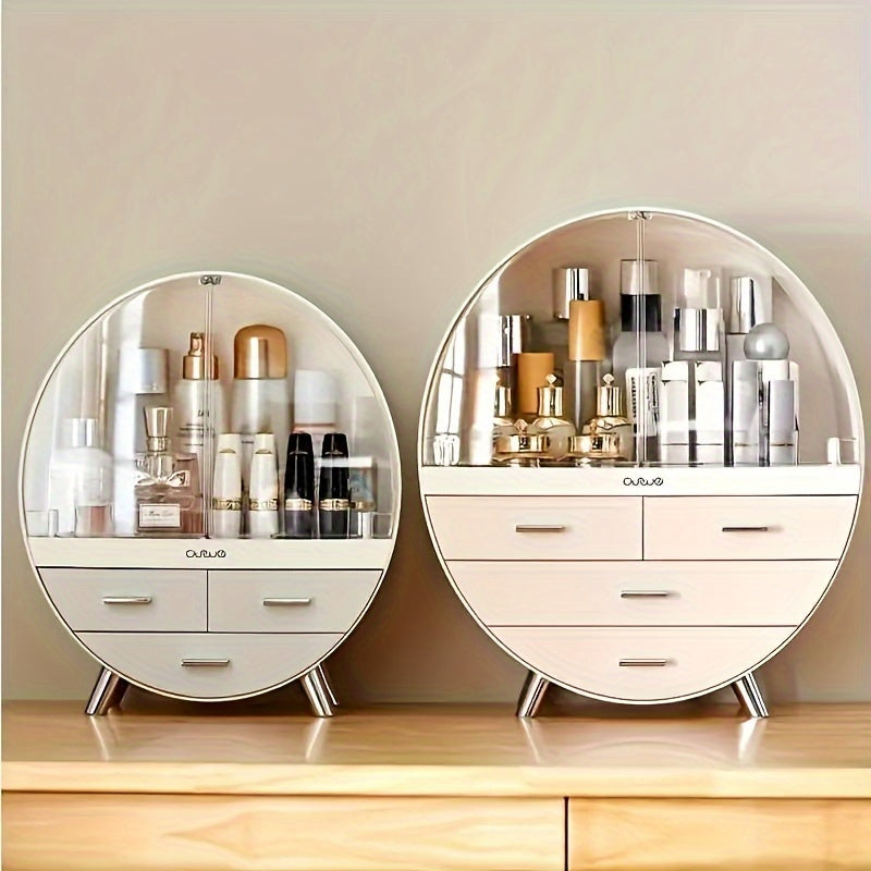 1pc Round Cosmetic Organizer With Drawers, Large Capacity Plastic Makeup Storage Box, Desk Vanity Case, Stylish & Space-Saving For Dresser And Bathroom