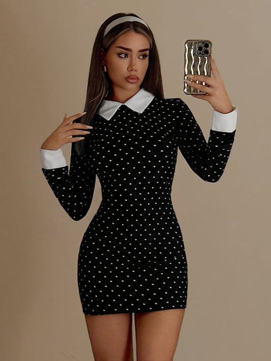 Print Women's Polka Dot Mini Dress with Contrast Collar - Bodycon Fit, Machine Washable