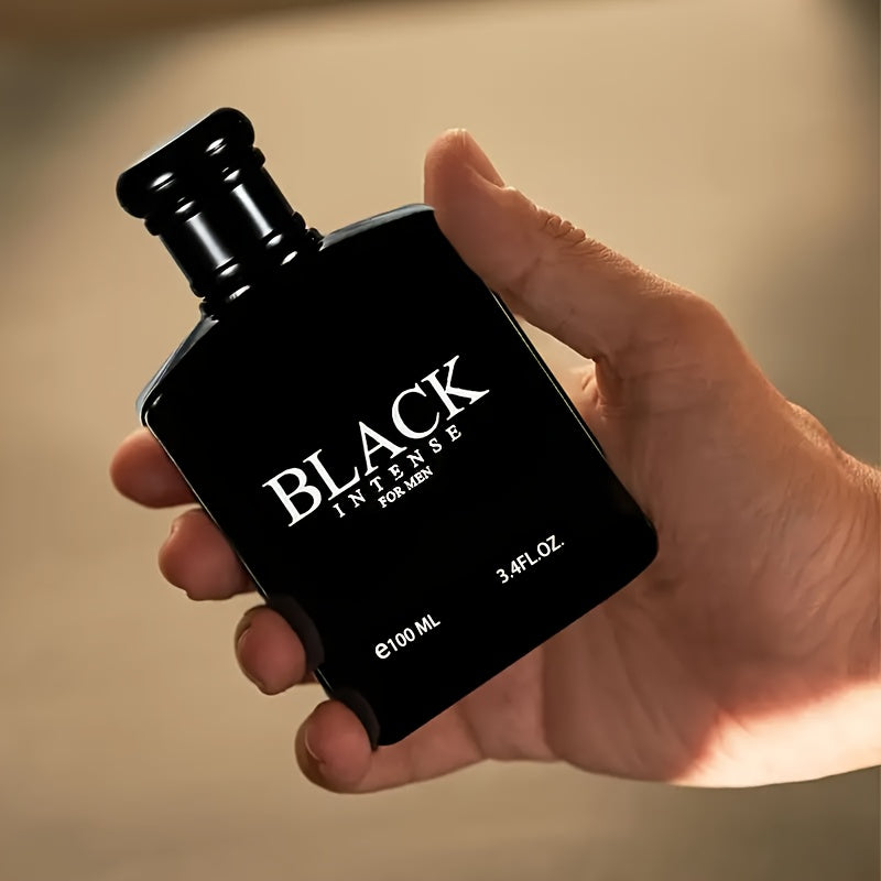 Black Intense Men's Perfume, 3.4oz. (100ml). The bottle is crafted from obsidian-like porcelain, featuring mango and sandalwood notes with long-lasting fragrance, perfect for men to showcase their personal charm.