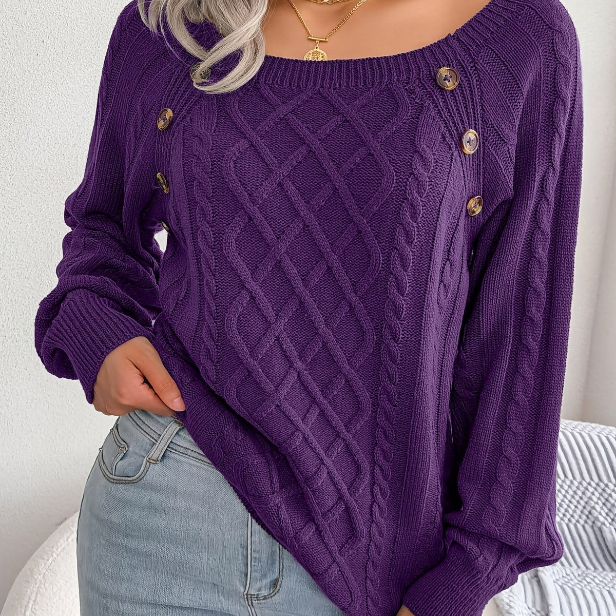 [Texture Lantern Sleeve Sweater] Round Neck Texture Lantern Sleeve Women's Sweater - Button Sweater