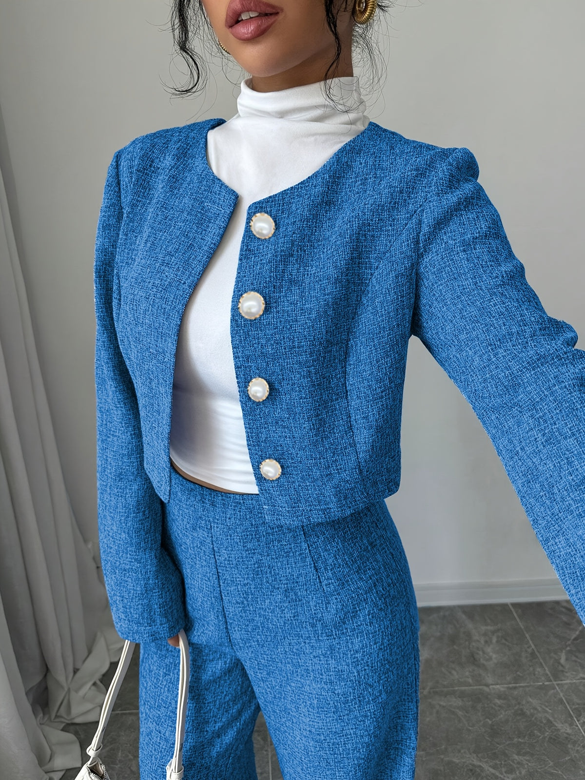New Arrival Women's Fashion High-End Solid Color Long Sleeve Round Neck Short Coat and Pants Two-Piece Set