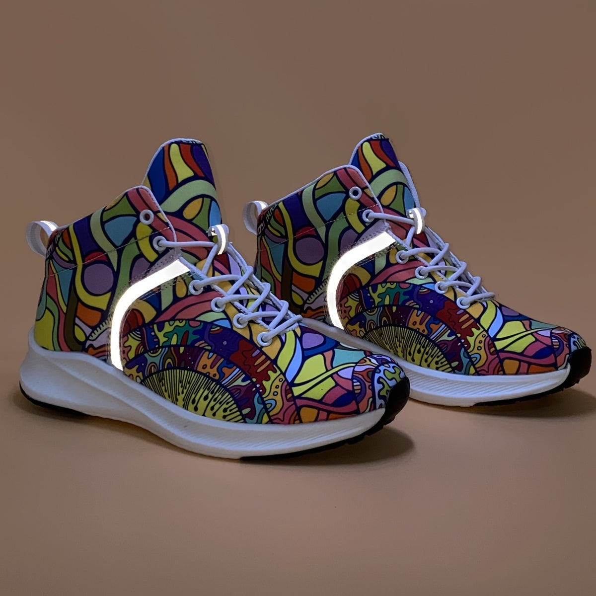 Hand-Painted Cartoon Print Women's Reflective Lace-Up High-Top Sneakers - Lightweight Winter-Ready Casual Shoes with Soft Fabric Upper & EVA/Rubber Sole for North American & Mexican Fashion