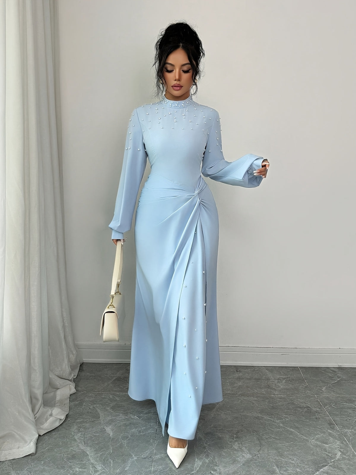 Women'S Fashion Elegant High-End Direction Stand Collar Twist Knot High Slit Long Dress Elegant Evening Party Dress Light Blue Rhinestone Long Sleeve Dress Women'S Elegant Casual Dress, Party Dress, Evening Party Dress, Long Dance Dress, Dresses