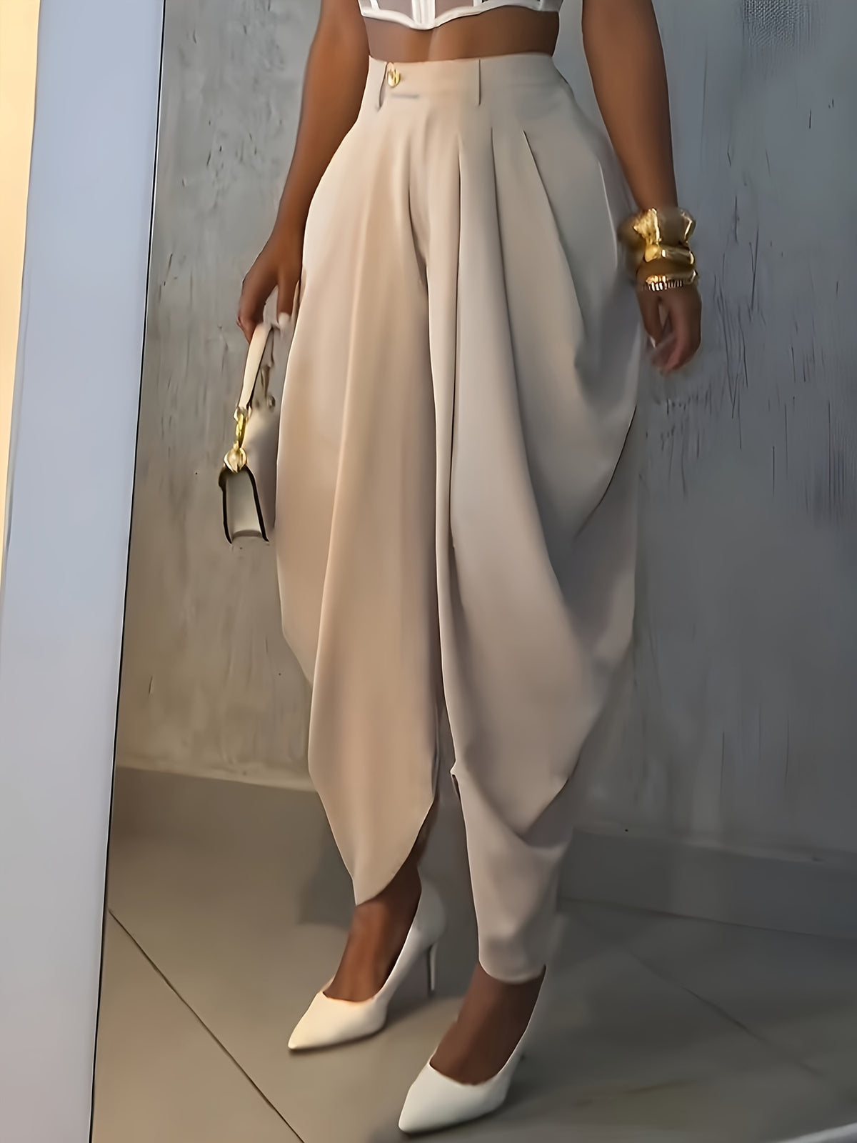 Women'S Stylish Solid Color Buttoned Pleated Casual Long Pants