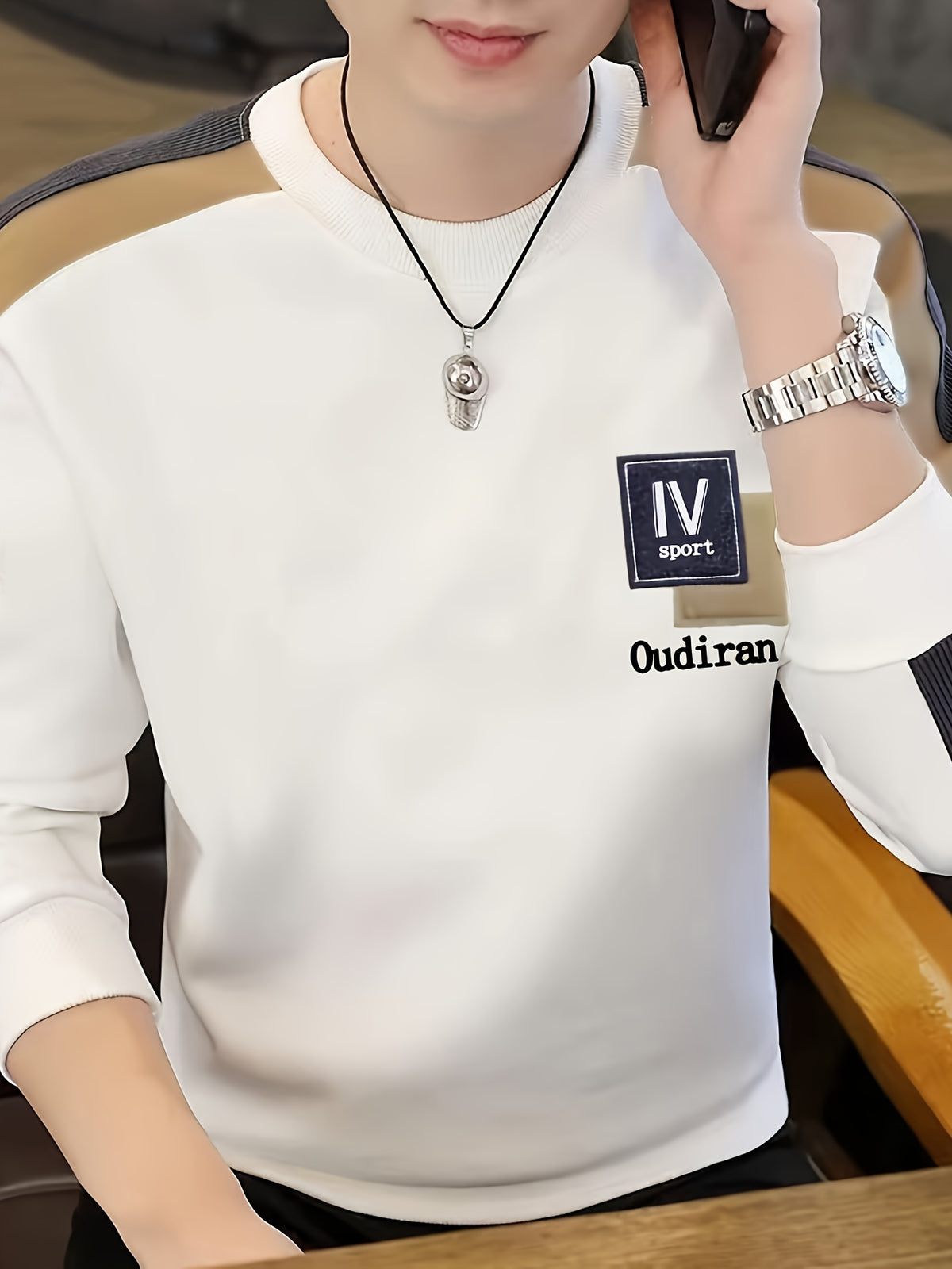[Autumn Chic] Chic Color Block Crew Neck Sweatshirt - Casual Long Sleeve Pullover with Logo, Machine Washable, Polyester Blend for Spring & Autumn, Spring Autumn Apparel|Trendy Sweatshirt|Smooth Texture Fabric, Cute Sweatshirts