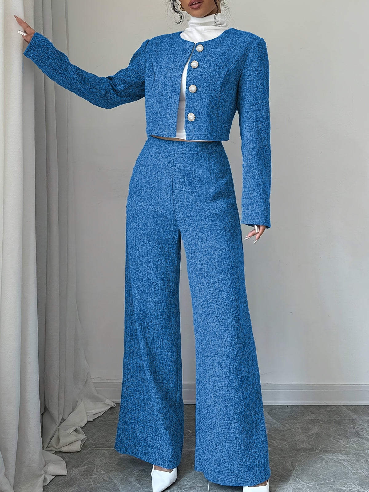 New Arrival Women's Fashion High-End Solid Color Long Sleeve Round Neck Short Coat and Pants Two-Piece Set
