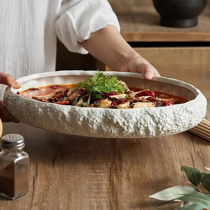 Large Oval Ceramic Seafood Steaming Plate with Rock Texture Design – Elegant White Serving Dish for Lobsters, Snails, and Deep Stews – Perfect for Home, Hotel, and Club Dining