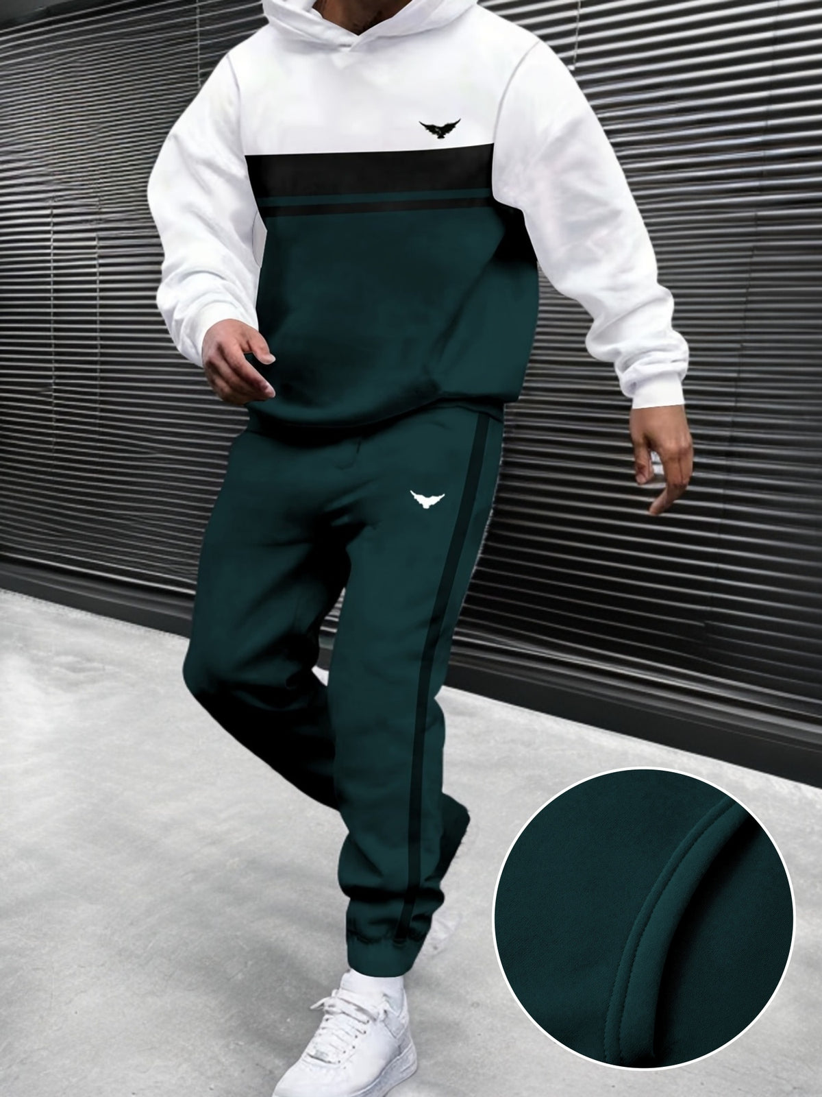 Men's Sweatshirt Patchwork Drawstring Hoodie and Sports Pants 2pcs Set