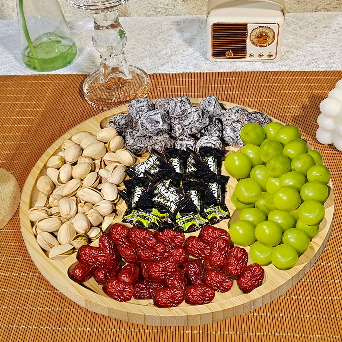Bamboo Round Serving Tray with 5-Section Dividers - Reusable Snack Bowl for Nuts, Candy, Fruits - Wedding, Party, Holiday & Home Use - Multi-Compartment Dish Organizer (Dinner Table,)