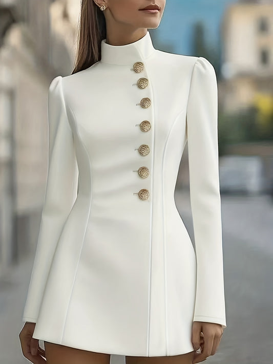 Women's Elegant White A-Line Dress with Short & Stand Collar - Fitted Long Sleeve Office to Party Dress, Machine Washable Tailored Suit for, Weddings, Formal Events - Spring/Autumn Professional Attire