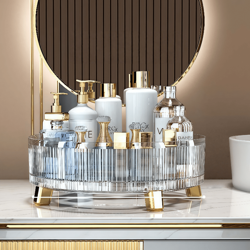 360° Rotating Makeup Organizer - Luxurious Green & Golden Cosmetic Storage, Holds Perfumes, Ideal for Vanity, Bathroom & Kitchen Countertops, Spacious Plastic Holder, No Electricity Needed