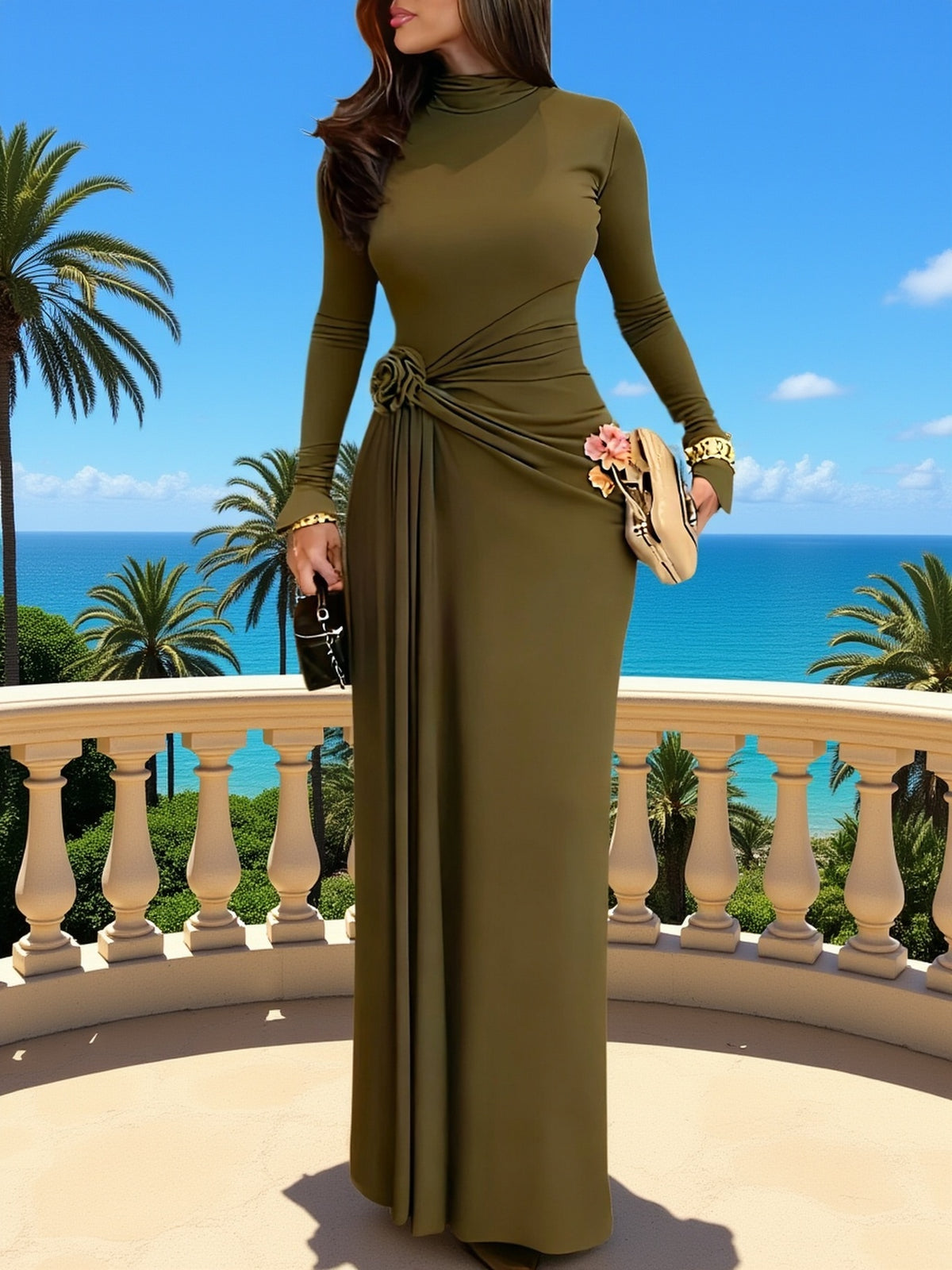 A High-Neck Long-Sleeve Dress, an Elegant Party Gown Featuring a Three-Dimensional Floral Decoration Design, with a Waist-Cinching Fit And a Form-Fitting Long Skirt + YTD Cherry